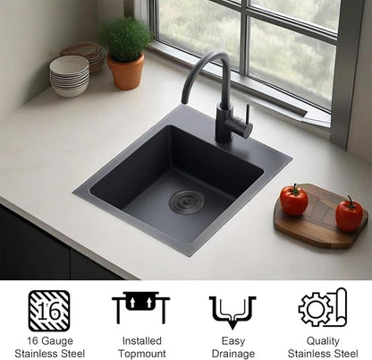 IKEBANA 15x17 Inch Black Bar sink, Drop in Stainless Steel Small Kitchen Sink, Topmount Single Bowl Sinks for Wet Bar RV Outdoor Prep Laundry