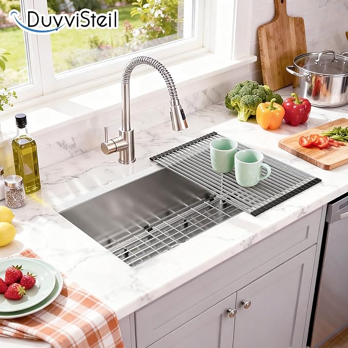 30-inch Undermount Kitchen Sink, S304 Stainless Steel Single Bowl Kitchen Sinks, Modern Kitchen Sink with Bottom Grid & Drain Assembly