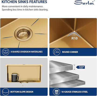 Sarlai 21 Gold Kitchen Sink with Faucet- 21x20 Inch Drop In Kitchen Sink Gold Ledge Workstation Sinks 16 Gauge Stainless Steel Single Bowl Topmount Sinks with Pull-out Faucet