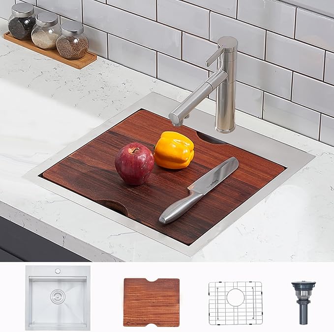 HOTIS 18 X 18 Inch Drop In Bar Sink, Stainless Steel Small Kitchen Sink, Top Mount Deep Workstation Single Bowl, Outdoor Camper Rv Laundry Wet Bar Prep Sinks With Grid & Drain & Cutting Board