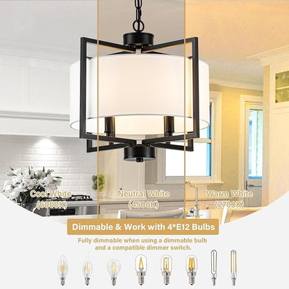 Modern Drum Chandelier Kitchen Island Lights, 4 Light Adjustable Rustic Island Pendant Lighting, Black Farmhouse Dining Room Hanging Light Fixture for Bedroom Living Room Hallway