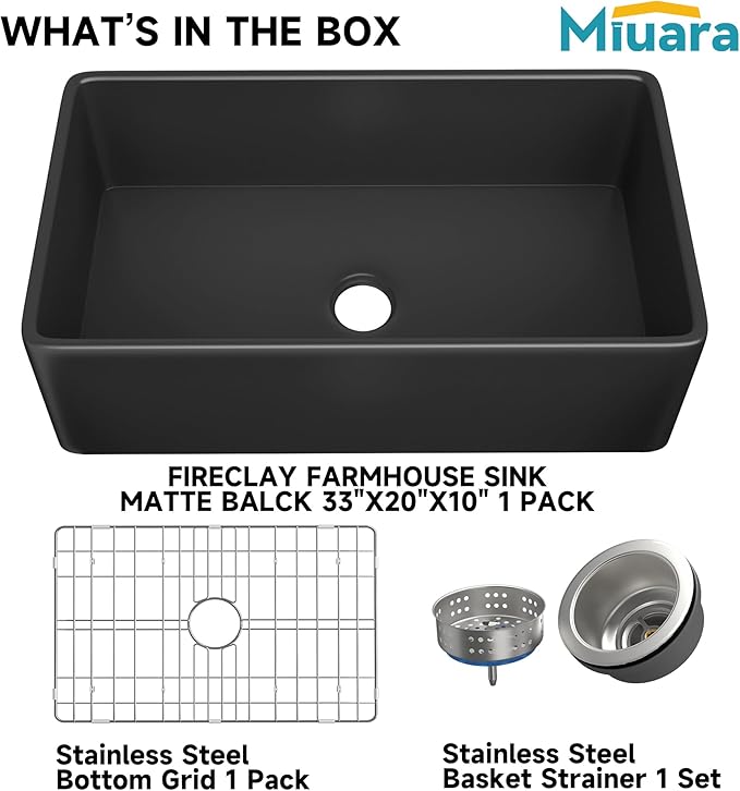 Miuara Black Farmhouse Sink 33 Inch - Large Apron Front Undermount Kitchen Sink 33x20x10, Farm House Style Deep Single Bowl, Heavy Duty Solid Fireclay, Matte Black, for Kitchen