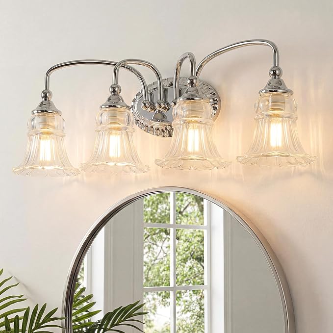 4-Light Bathroom Light Fixtures Vintage Chrome Vanity Lights Over Mirror with Floral Glass Shade for Bathroom Powder Room, Living Room Hallway