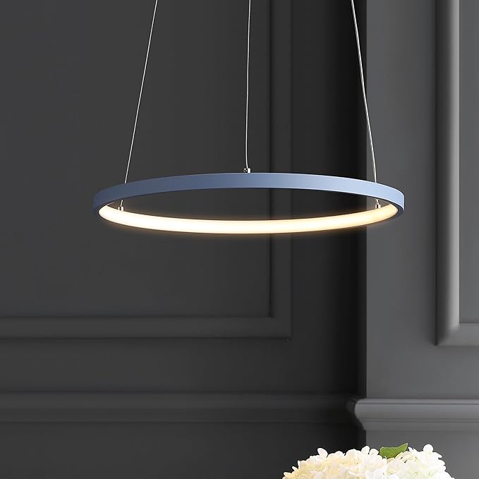 JONATHAN Y 15.75" Blue Modern Integrated LED Pendant Light, Dimmable Round Hoop Chandelier for Kitchen Island, Dining Room, Adjustable Height Metal Hanging Light (JYL7202D)