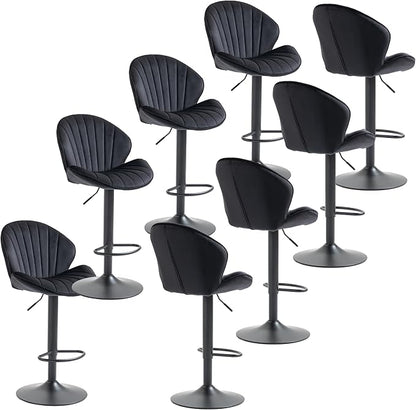 Rhomtree 24-32 Inch Swivel Bar Stools, Adjustable Counter Height Barstools, Velvet Tufted Upholstered and Footrest Barstools, Upholstered Bar Chairs for Home Bar Kitchen Island(Black Set of 8)