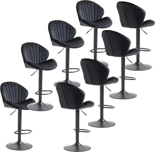 Rhomtree 24-32 Inch Swivel Bar Stools, Adjustable Counter Height Barstools, Velvet Tufted Upholstered and Footrest Barstools, Upholstered Bar Chairs for Home Bar Kitchen Island(Black Set of 8)