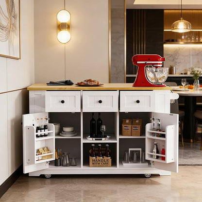 Kitchen Island with Storage, Rolling Prep Table with Natural Wood Top, 3 Drawers & 2 Cabinets, White Mobile Kitchen Cart for Dining & Prep.