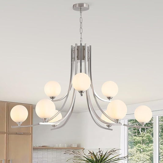 9-Light Nickel Chandelier for Dining Room Lighting Fixtures Hanging,Modern Globe Glass Chandelier, 39" Farmhouse Pendant Lights for Kitchen Island, Living Room