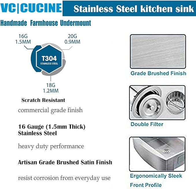 VCCUCINE Farmhouse Sink, 30x22 Inch Stainless Steel Farmhouse Kitchen Sink, Undermount Drop in Single Bowl Basin Apron Sink, Brushed Nickel Farm Sink With Strainer
