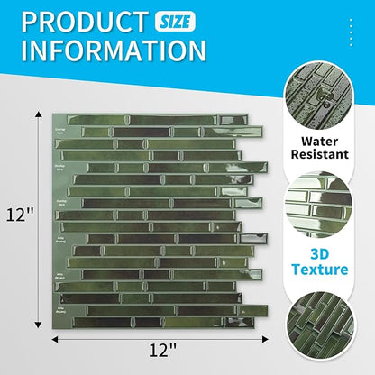 Art3d 10-Sheet Peel and Stick Backsplash Tile for Kitchen - 12”×12” Stick on Wall Tile for Kitchen Bathroom Countertop Living Room, Green