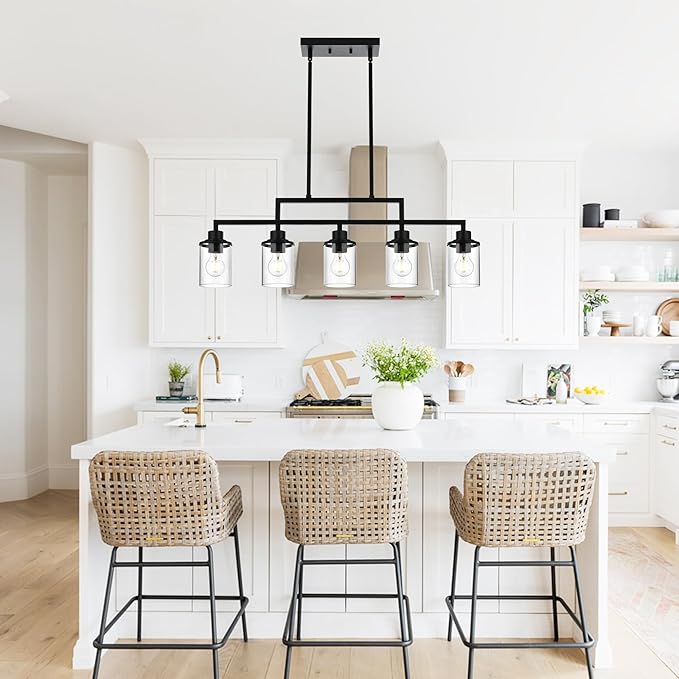 Kitchen Chandeliers Over Table 5-Light Linear Dining Table Light Fixture Hanging Light Adjustable Height with Clear Glass Shade, Black Island Lights for Kitchen Dining Room Foyer