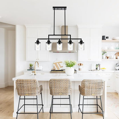 Kitchen Chandeliers Over Table 5-Light Linear Dining Table Light Fixture Hanging Light Adjustable Height with Clear Glass Shade, Black Island Lights for Kitchen Dining Room Foyer