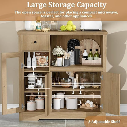 Storage Cabinet with Adjustable Shelves & Microwave Stand, Buffet Sideboard with Drawer, Single and Double Doors for Kitchen, Dining Room, Natural
