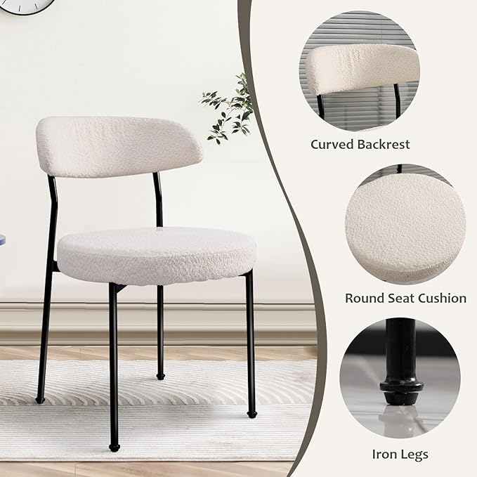 White Boucle Dining Chair Set of 2, Modern Oval Upholstered Dining Chairs with Curved Back and Metal Leg for Dining Room,Restaurant,Kitchen Island(Black Leg)
