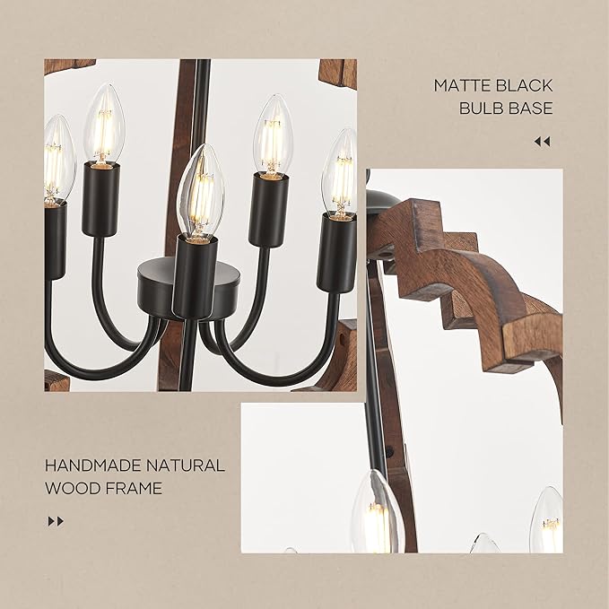 20.5" Farmhouse Vintage Chandelier 5-Light for Dining Room Rustic Handmade Wood Hanging Ceiling Pendant Light Fixture for Entryway Brown Retro Chandeliers for Kitchen Bedroom Foyer Hallway