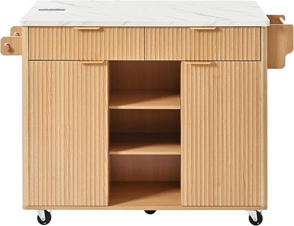 Modern Dining Table 52in Fluted Kitchen Island with Drop, Power Outlet, Cart with Shelves, 2 Doors 2 Drawers, Rolling Table for Kitchen Living Room,Natural-MDF