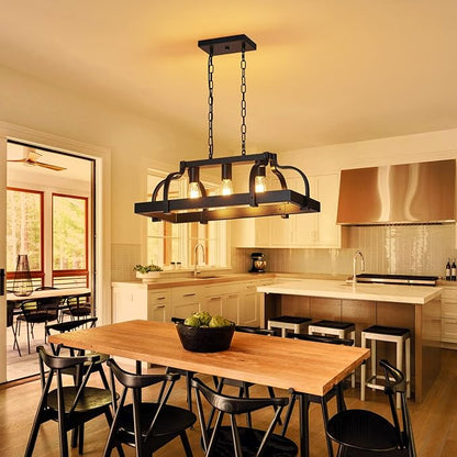 WUZUPS 3-Light Metal Pot Hanging Rack Chandelier Linear Pendant Ceiling Lighting Rustic Farmhouse Fixture Kitchen Island Dining Room, H 9.8" L 24.8" W11.8, E26 Base, Black