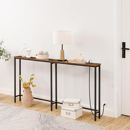 HOOBRO 63" Narrow Console Table with Charging Station, 5.9" Slim Sofa Table Behind Couch, 2 AC Outlets & USB-C Ports, Long Entryway Tables for Small Spaces, Livingroom, Rustic Brown BF165UXG01G1