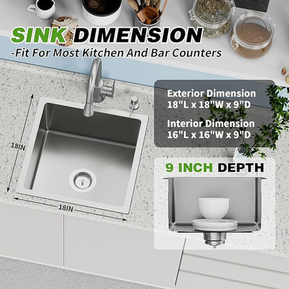 18x18 In Undermount Kitchen And Bar Sink- Stainless Steel Single Bowl Kitchen Sink Modern Drop In Bar Sink With Silicon Mat,Drain Strainer Set Compatibility With Various Kitchen & Bar Style