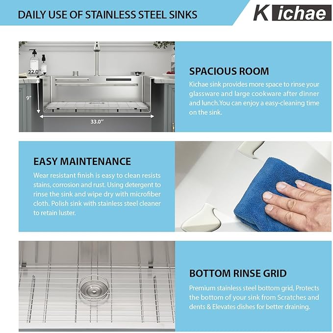Kichae 33" x 22" Waterfall Sink Drop In - 33x22 Drop In Waterfall Kitchen Sink 304 Stainless Steel 16G Handmade Single Bowl Workstation Sinks with Faucet Combo & Glass Rinser