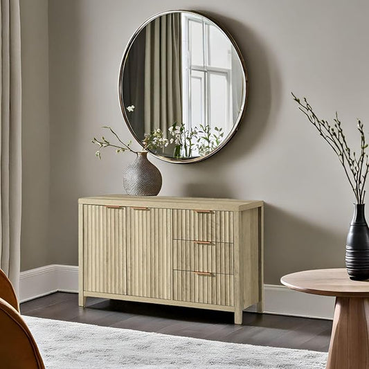Oakham Home Buffet Cabinet with Storage Fluted Sideboard with 2 Doors 3 Drawers Modern Credenza Accent Cabinets for Living Room Kitchen Hallway,Adjustable Shelves (Natural)