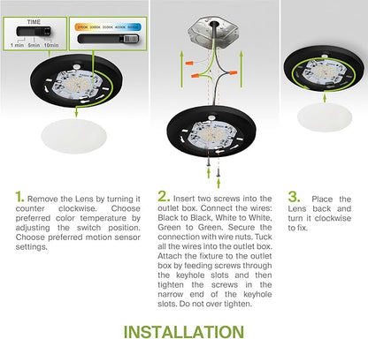 ASD 6 Inch Motion Sensor LED Disk Lights - 15W 120V 2700-5000K Black Dimmable Flush Mount Ceiling Light Fixture, Low Profile Surface Mount Disc Lights, Junction Box & Can, ETL, Energy Star