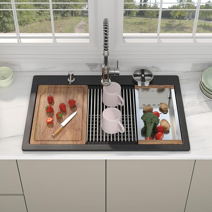 33 Granite Composite Kitchen Sink - Beslend 33x22 Drop In Black Kitchen Sink with High Pressure Glass Rinser, Granite Composite Worksation Black Sinks Easy Clean Quartz Basin for Kitchen Remodel