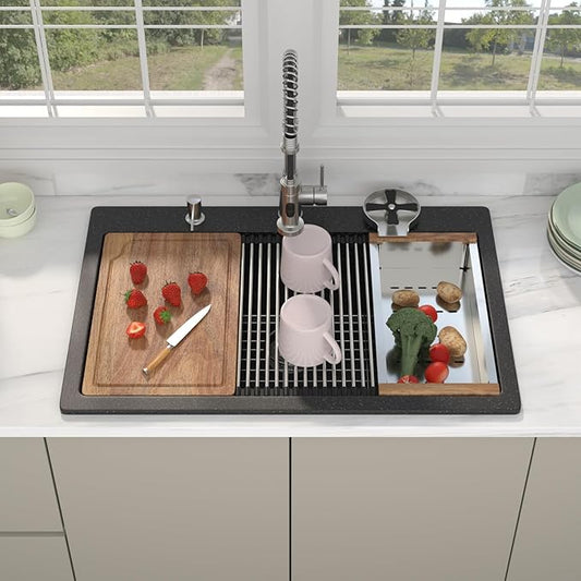 33 Granite Composite Kitchen Sink - Beslend 33x22 Drop In Black Kitchen Sink with High Pressure Glass Rinser, Granite Composite Worksation Black Sinks Easy Clean Quartz Basin for Kitchen Remodel