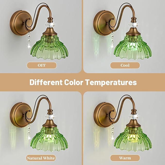 1 Piece Vintage Wall Sconce, 1-Light Matte Antique Brass Finish Wall Sconce with Hanging Crystal Accents and Flower-Shaped Green Shades for Bathroom Bedroom Living Room,Vintage Vanity Light
