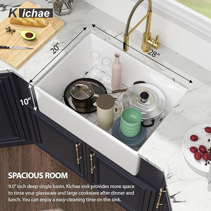 28 White Farmhouse Kitchen Sink - Kichae 28 Inch Farmhouse Kitchen Sink Apron Front White Fireclay Ceramic Porcelain Single Bowl Basin