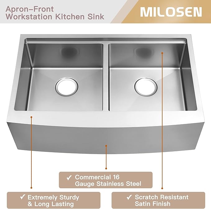 MILOSEN 33x20x10 Inch Farmhouse Kitchen Sink, Undermount 16 Gauge Stainless Steel 50/50 Double Bowl Sink, Workstation Apron Front Farm Sink with Integrated Ledge & Accessories, 10'' Deep Handmade Sink