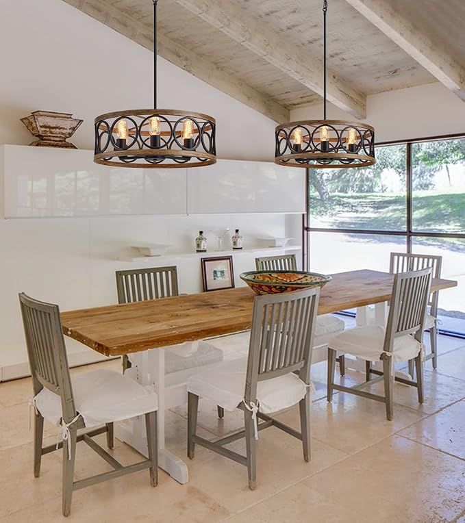 MEIXISUE Modern Farmhouse Drum Chandelier Black and Retro Wood Finish 6-Lights Round Metal Antique Vintage Chandelier Light Fixtures for Kitchen Dining Room Living Room Bedroom