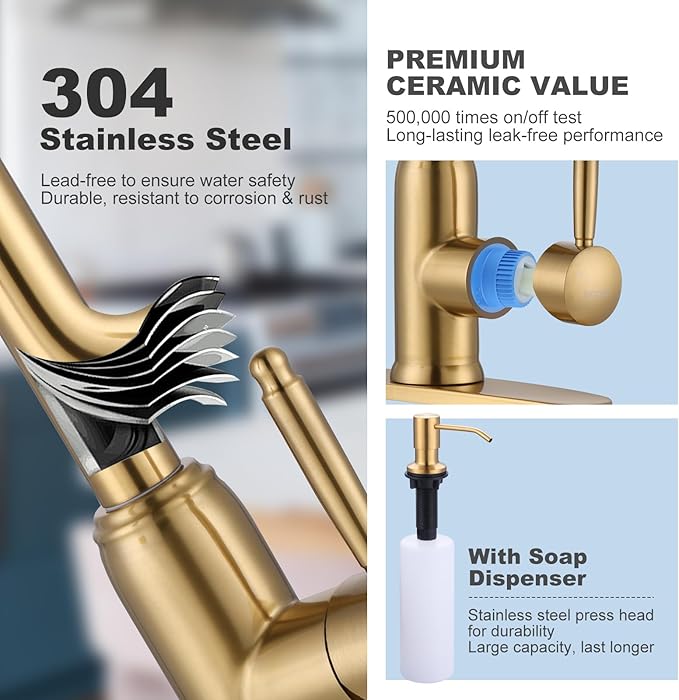 Gold Kitchen Faucet with Soap Dispenser, WOWOW Stainless Steel Kitchen Faucet for Sink 2 or 4 Hole, High Arc Vintage Kitchen Sink Faucet with Pull Down Sprayer