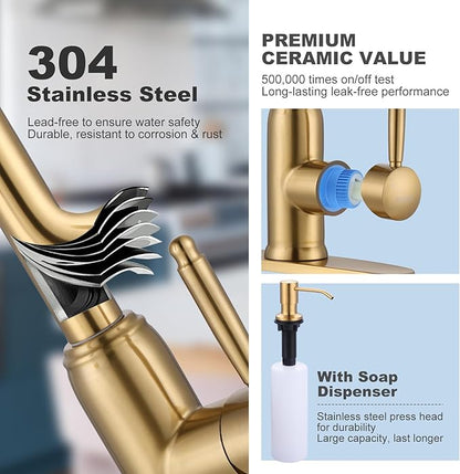 Gold Kitchen Faucet with Soap Dispenser, WOWOW Stainless Steel Kitchen Faucet for Sink 2 or 4 Hole, High Arc Vintage Kitchen Sink Faucet with Pull Down Sprayer