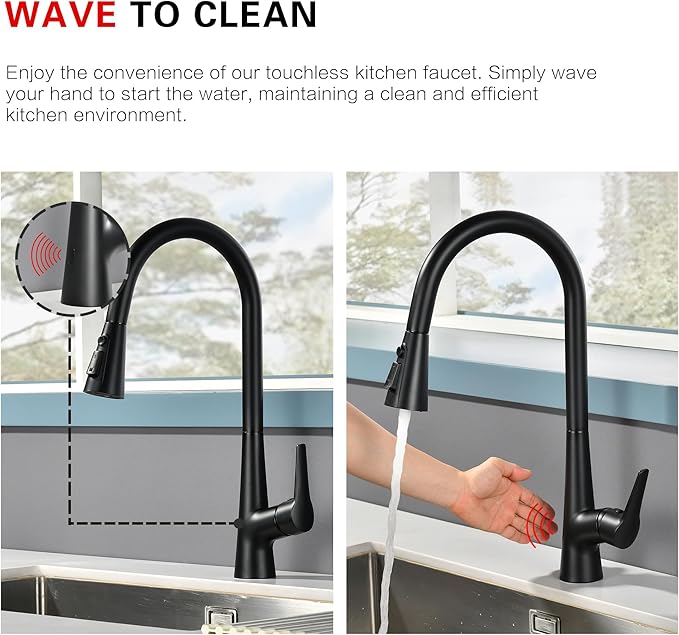 sumerain Matte Black Touchless Kitchen Sink Faucet with Pull Down Sprayer,Hands Free Motion Sensor Faucet for Kitchen Sink