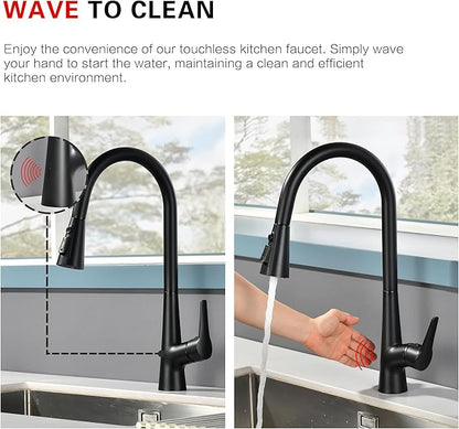 sumerain Matte Black Touchless Kitchen Sink Faucet with Pull Down Sprayer,Hands Free Motion Sensor Faucet for Kitchen Sink