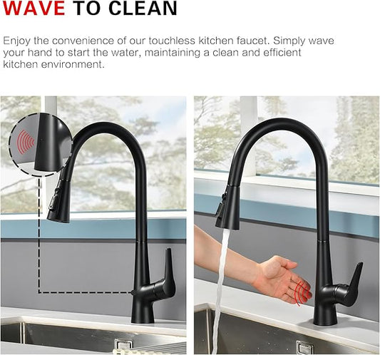 sumerain Matte Black Touchless Kitchen Sink Faucet with Pull Down Sprayer,Hands Free Motion Sensor Faucet for Kitchen Sink