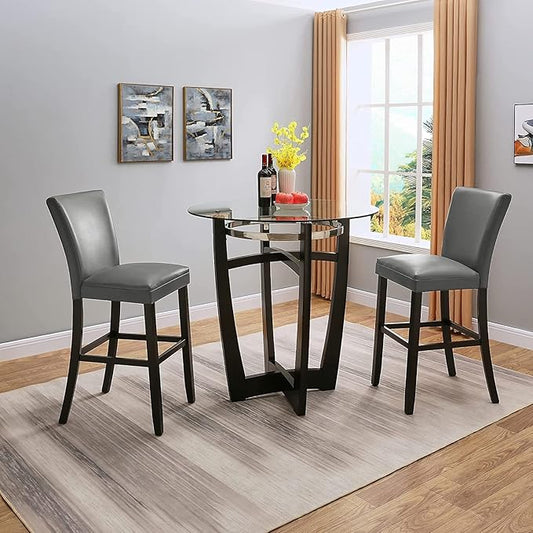42" Round High Top Glass Dining Table, 42" Bar Height, Solid Wood Base & 1/2" Tempered Glass - Modern Kitchen & Dining Room Furniture
