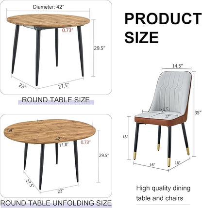Extendable Round Dining Table Set with 4 Chairs, Telescopic MDF Table with Light Gray and Brown PU Cushion Seats, Adjustable for Different Size Gatherings in Kitchen and Dining Room