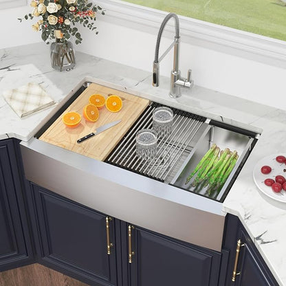 Kichae 36 Inch Farmhouse Kitchen Sink Ledge Workstation Apron Front Farmer Sink Stainless Steel Single Bowl Handmade Modern Farm Style with Accessories
