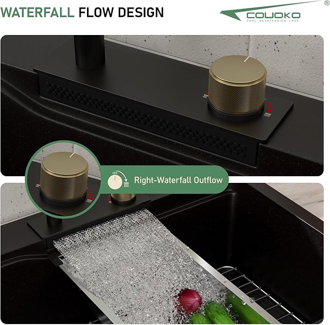 33x22 Drop In Waterfall Kitchen Sink Black 33 Inch Granite Composite Smart Kitchen Sink Multifunction Single Bowl Top Mount Black Multifunctional Waterfall Smart Sinks with Faucet Combo Glass Rinser