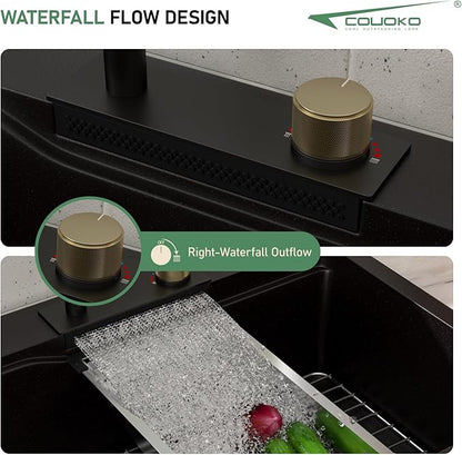 33x22 Drop In Waterfall Kitchen Sink Black 33 Inch Granite Composite Smart Kitchen Sink Multifunction Single Bowl Top Mount Black Multifunctional Waterfall Smart Sinks with Faucet Combo Glass Rinser