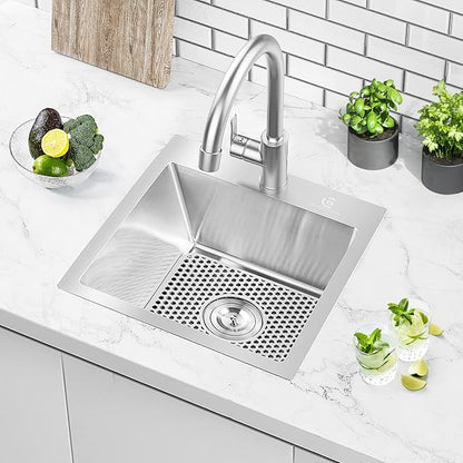 17 x 15 Inch Drop in Kitchen Sink Top mount Bar Sink 16 Gauge Stainless Steel Single Bowl Workstation with Sink Protector (Brushed Nickel)