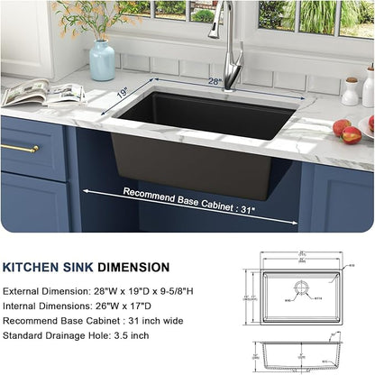 Lordear Undermount Kitchen Sink Composite Granite Sink Quartz Sinks Workstation 28 Inch Black Under Counter Kitchen Sinks 28x19 Inch