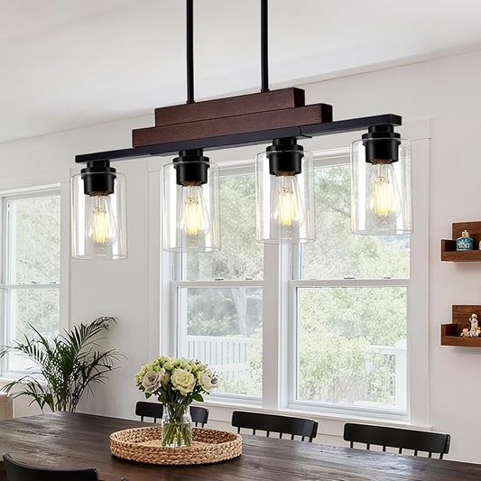 4-Light Linear Chandeliers for Dining Room, Farmhouse Dining Room Light Fixture Over Table, Matte Black Pendant Kitchen Island Lighting, Wood Ceiling Light Fixture Hanging with Clear Glass Shade