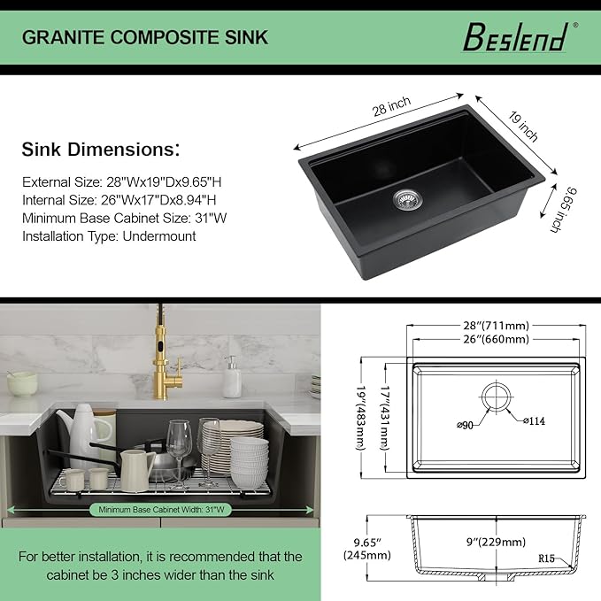 28 Granite Composite Kitchen Sink - 28x19 Inch Black Granite Kitchen Sink Undermount Black Quartz Sinks Ledge Workstation Classic Under Counter Single Bowl Basin