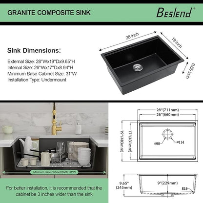 28 Granite Composite Kitchen Sink - 28x19 Inch Black Granite Kitchen Sink Undermount Black Quartz Sinks Ledge Workstation Classic Under Counter Single Bowl Basin