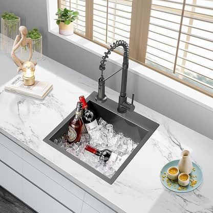 FRANIC 18" Handmade Black Bar Workstation Sink, 18" x 18" x 9" Stainless Steel Matte Nano Black Topmount Single Bowl Small Kitchen Outdoor Sink