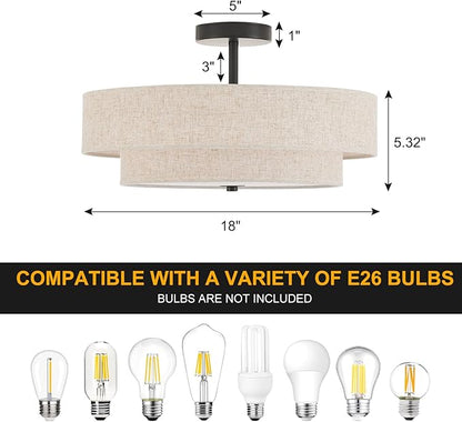 Modern Semi Flush Mount Ceiling Light 18" Modern 3-Lights Black Drum Ceiling Lighting Fixture with Linen Shade Vintage Ceiling Lamp for Kitchen, Basement, Laundry Room, Bedroom