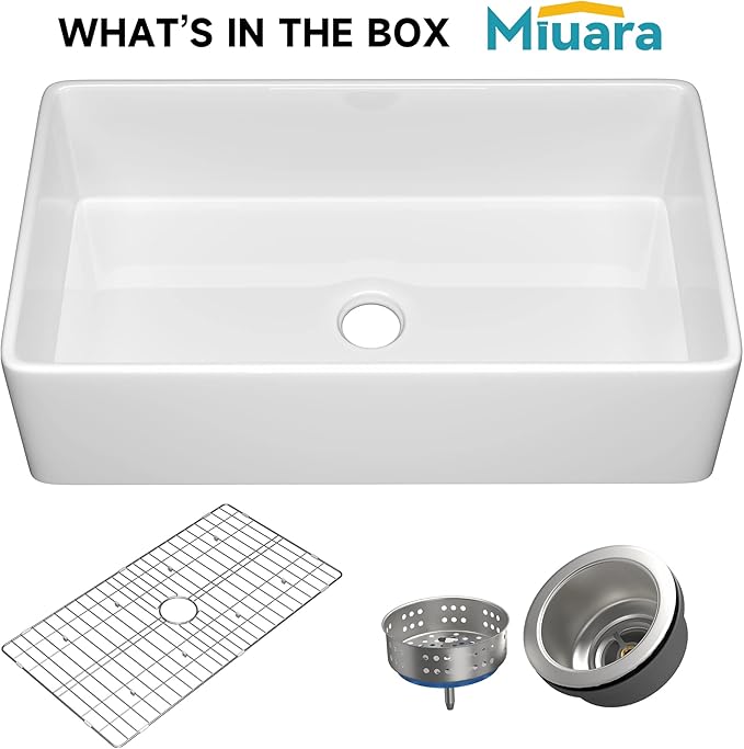 Miuara Farmhouse Sink 36 Inch - Extra Large Apron Front Kitchen Sink Reversible 36"x20"x10", Undermount, Farm House Style Deep Single Bowl, Heavy Duty Solid Fireclay, Glossy White, for Kitchen